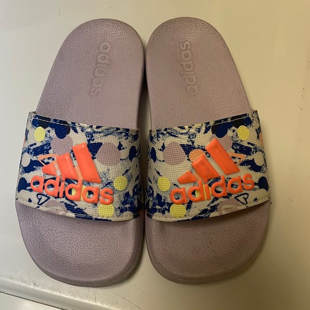 Adidas 11 slides lavender base with graphic bright coordinating colors euc